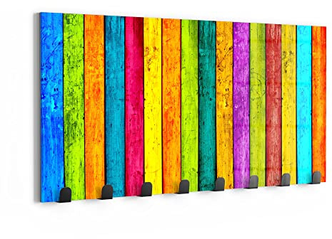 DEQORI Wandgarderobe Glas & Metall | Motiv Farbige Bretterwand | 60x30 cm | Design Haken-Leiste modern | Garderoben-Paneel für Flur, Wohnzimmer & Schlafzimmer | magnetisch & beschreibbar