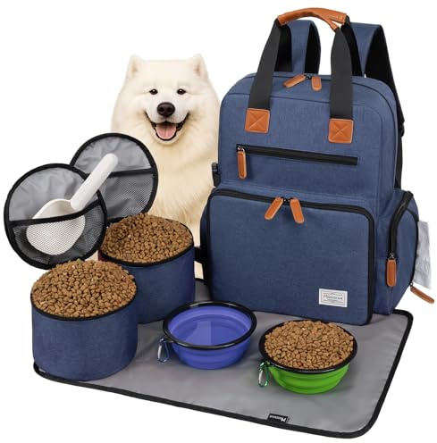 Modoker Hunde-Reisetasche, von Fluggesellschaften zugelassener Rucksack für Haustierzubehör Organizer, Tote Wochenendtasche mit 2 Hundefutter-Aufbewahrungsbehältern, 1 Haustiermatte, Blau