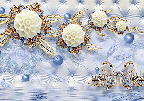 wandmotiv24 Fototapete Blumen Gold Diamanten Luxuriös blau, 200 x 140cm - selbstklebende Strukturtapete, Wanddeko, Wandbild, Wandtapete, Wasser, Polster, blau M1970