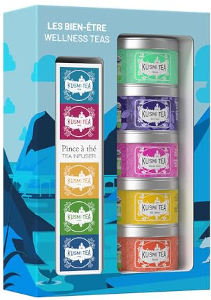 Kusmi Tea - Coffret Les Bien-Être + Pince à Thé - Assortiment de Thés Bio - Idée Cadeau Homme et Femme - Thé Vert, Thé Detox et Infusion - Fabriqué en France - 5 Boîtes de 25g