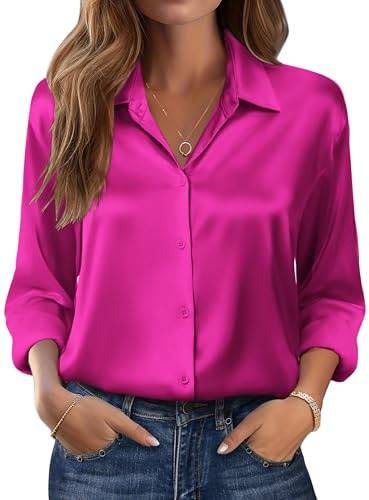 Zeagoo Chemise Satin Femme Manches Longues Soie Chemisier Chic Haut Élégant Col V Business Rose M