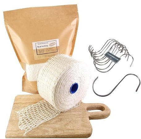 Rete Elastica per la Carne 50mts + S Ganci per Carne x 10 - Rete per Arrosti, Ganci per pesce e carne di affumicatura (200mm/50mts + Ganci per Carne x 10)