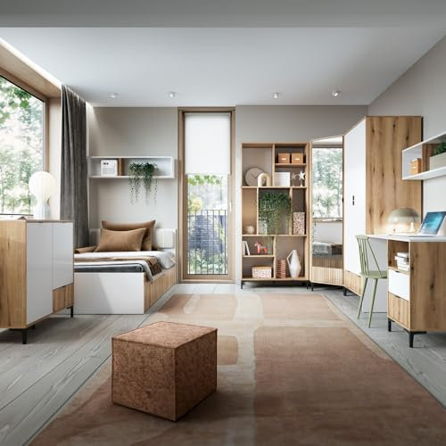 Lomadox Jugendzimmer Komplett Set mit Eckkleiderschrank und Bett 90x200 cm in Eiche mit weiß und Rillen Design