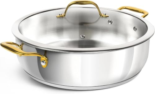 MICHELANGELO Edle Servierpfanne 30 cm mit Deckel (5,7 L) - Edelstahl Schmorpfanne Unbeschichtet mit Goldenen Griffen, Große Pfanne für Induktion, Backofen & Tischpräsentation