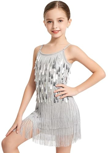 LOLANTA Traje de Baile con Flecos de Lentejuelas para Niñas, Conjunto de Baile Latino Salsa Rumba para Niños, Brillantes Minivestido Flecos Sin Mangas con Pantalón Corto, Plata, 8-9 años, 140