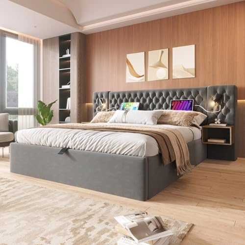 Bettanlage Schlafzimmer Komplett Set,Polsterbett Hydraulisch Stauraumbett Doppelbett 180×200 cm mit 2 Nachttischen, Kopfteil Leselicht mit USB Ladefunktion-261×210×105 cm, Samt (Ohne Matratze) (Gray)