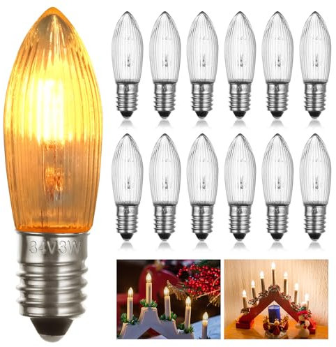 AUAUY E10 34V 3W Ampoule de Bougie, Blanc Chaud 2200K, 10LM, E10 Petite Base à Vis, Ampoules de Rechange pour Arche Lumineuse, Arbre de Noël, Guirlande, Lot de 12