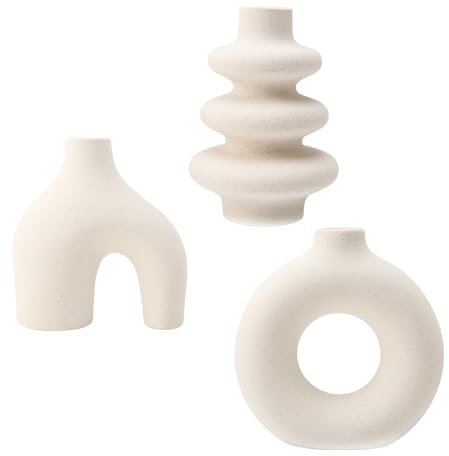 3pcs Ceramic Vase for Modern Room Decor Set Round Matte Donut Vases for Pampas Grass, Neutral Boho Decor, Nordic Minimalism Style Flower Vases, Bedroom Decors Living Room Accessories Dinner Table