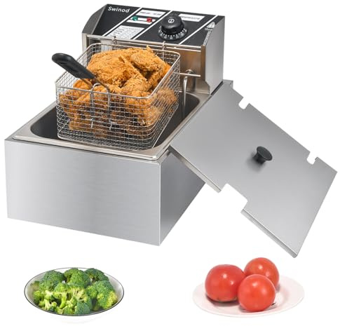 Commercial Deep Fryer with Baskets, 1700W 9.7QT/9.1L Thickened Stainless Steel Countertop Electric Oil Fryer, Large Capacity with Temperature Control (6L)