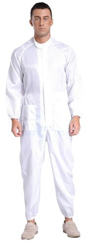 Jugaoge Tuta da lavoro da uomo, antistatica, antipolvere, con colletto alto, tuta protettiva con tasche, bianco, 5XL