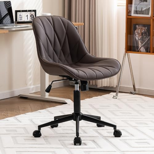 YOUTASTE Bürostuhl ohne Armlehnen, Bürostuhl Ergonomisch mit Blattrippenmuster, Schreibtischstuhl Höhenverstellbar, Drehstuhl mit Rollen, Computerstuhl Leder für Home Office und Büro, Braun