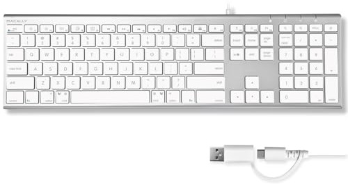 Macally Clavier USB C (mise à niveau) – Double USB A + C – Clavier filaire pour Mac – Ultra fin, 20 raccourcis, 110 touches ciseaux – pour MacBook Pro/Air, Mac mini, iMac, iPad – Argent