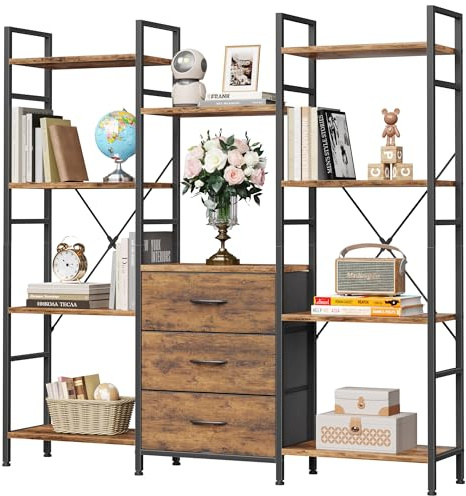 OYRREU Libreria 120W x 142Hcm 4 Ripiani con 3 Cassetti, Marrone Rustico