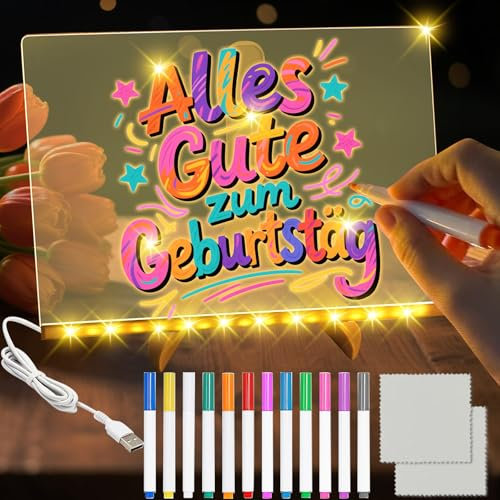 TZEKING Tableau Lumineux Message LED 30 x 20cm,Tableau Lumineux en Acrylique avec 12 Couleurs & Support Réglable,Tablette Lumineuse Dessin,Cadeau Créatif Pour Enfants