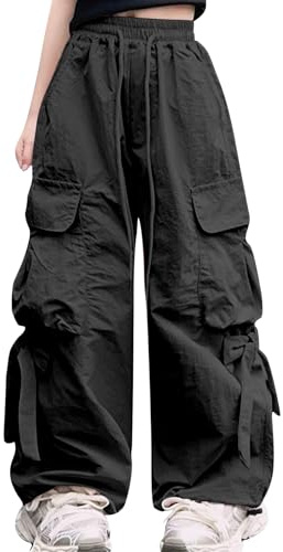 SEAUR Pantaloni Cargo Ragazze, Pantaloni da Tempo Libero, Baggy, Hip Hop, con Elastico, Fiocco, Leggeri, Sottili, Estivi, 4 Tasche, Streetwear per Bambini, 5-14 Anni, Nero , 9-10 Anni