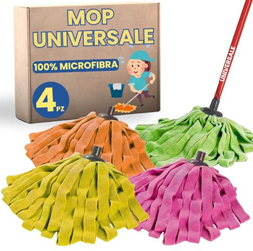 Mop Lavapavimenti 4 Pezzi Colorati Ricambio per Mocio Universale 100% Microfibra, Super Assorbente, Lavabile in Lavatrice, Per Tutti i Tipi di Pavimento