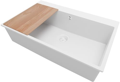 PRIMAGRAN Evier Cuisine en Granit Tout Blanc 78x50cm, Lavabo 1 bac + Kit de Vidage + Planche à Découper, Évier à Encastrer al mueble 80cm - Riga S436