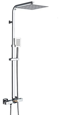 IUBGFTO Duschhahn-Set Chrom, Regenduschkopf mit Handbrause, Wasserfall-Wannenauslauf, Thermostatventil, Badezimmer-Badewannen-Duschhahn