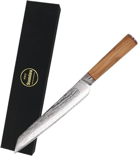 Sumisu Knives - Japanisches Yanagiba-Messer - 67-lagiges Damaskus - Japanisches Filiermesser inklusive Geschenkbox - Sushi und Sashimi - Ergonomischer Griff - Links- und Rechtshänder - 33 CM - Holz