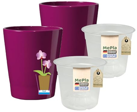 MePla - 2 Stück - SK Soendgen Orchideenübertopf Merina ø 14 Brombeer + Pflanztopf Orchidee ø 12, hochwertiges Wohnambiente
