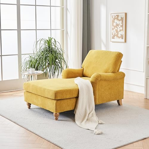 Deolme 66.5 Long Oversized Modern Chaise Lounge Chair - Mid-Century Upholstered Recliner with High Backrest & Rolled Armrests, Comfy Reading Sleeper Chair for Living Room, Bedroom Reading (Yellow)