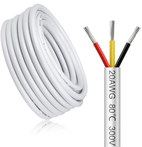 LightingWill 32.8FT/10M 20AWG 3x0.5mm² Electrical Wire 3 Core Cable, White 20 Gauge 5V/12V/24V/240V/300V Low Voltage Flexible Extension Cable, Tinned Copper Wires, High Temperature Resistant