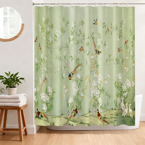 BREASOME Duschvorhang 180x180 cm Anti-Schimmel Duschvorhang Blumen Zweige und Vogel Muster Stoff Polyester Wasserdicht Badewanne Vorhang mit Ösen und 12 Haken | Duschvorhang mit Vintage-Wildvogel-Blumendruck, wasserdicht, böhmisch, waschbar, dekorativer Duschvorhang mit Haken