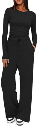 Joligiao Ensemble de Survêtement Deux Pièces pour Femme Décontracté Tenue de Sport Top à Manche Longue Taille Haute et Cordon de Serrage Pantalon avec Poches Survêtement Suit Casual (Noir,M)