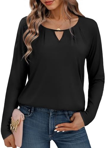Gyabnw Women's Cotton V Neck Top Long Sleeve Loose Fit Casual Everyday Wear | Cotton fabric, V neck, hollow out detail, relaxed long sleeve fit, for casual days and everyday wear