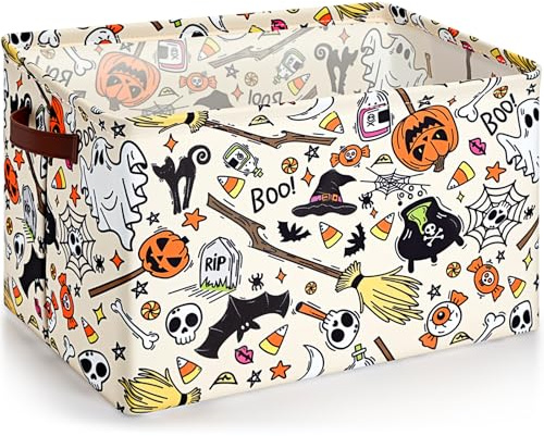 Seeloowy Halloween Ghost Basket with Handles Boo Pumpkin Bat Horror Storage Bin White Spooky Large Foldable Toy Laundry Storage for Halloween Room Car Decoration Bucket Laundry Box