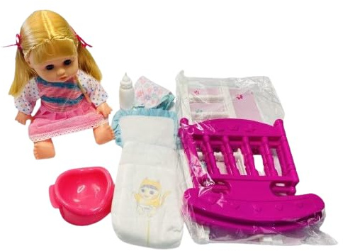 Neel Saanjh Drink and Wet Baby Doll Set with Cradle, 14-Inch Realistic Baby Doll with Sounds and Accessories, Includes Rocking Cradle, Feeding Accessories, and Potty, Perfect for Toddlers (Pink)
