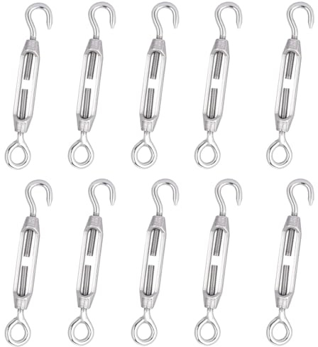 M4 Turnbuckle Wire Tensioner 304 Stainless Steel Pack of 10 | Hook And Eye Rope Strainer; Anti-Rust; For Garden Trellis Washing Lines Sun Shade