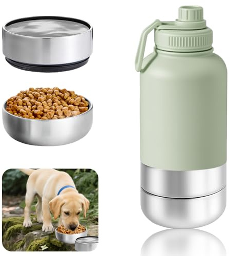 Borraccia termica 3 in 1, 950 ml, per cani, in acciaio inox, per viaggi, con ciotola e ciotola per acqua, bottiglia termica per cani, per viaggi all'aperto (verde, L)