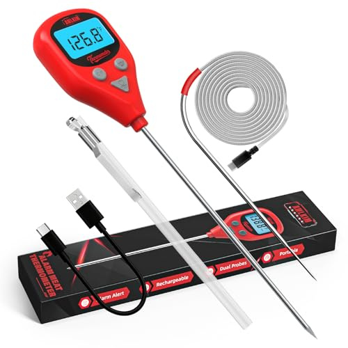 AWLKIM Rechargeable Digital Meat Thermometer with 1m External Probe, Warning Alert, Instant Read for Cooking Baking Water BBQ Oil Fry, Waterproof IP67, Hold Function, Oven Safe