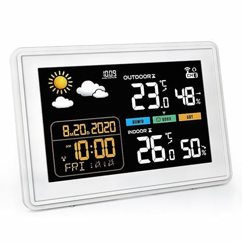 Wetterstation funk mit Außensensor 2025 Versionen 5,9 Zoll VA-Display Kabellos DCF Funkuhr Wetter station mit Farbdisplay Empfangssignal Funkuhr Innen und Außentemperatur mit DC Netzteil