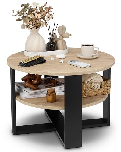 defiPad Couchtisch rund Ø70 cm mit Ablage, Schwarz/Sonoma Eiche | 18-mm-Möbelplatte, 2 Ebenen, in Europa gefertigt, pflegeleichte Oberfläche, stabile Konstruktion, einfache Montage