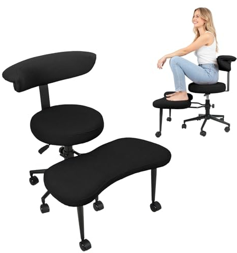 diowewea Ergonomischer Bürostuhl, Kniestuhl mit 360° Drehbarer Fußstütze und Armlehnen, Meditationsstuhl für Kreuzsitz, Höhenverstellbarer Schreibtischstuhl Schwarz Übergröße