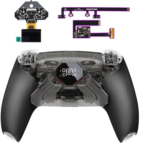 eXtremeRate Spark Tasti Posteriori Kit per ps5 Controller BDM 010 020, Display OLED + Clicky Trigger Stop + Grip Ergonomici, 4 Palette Rimappabili Accessori per ps5 Joystick, Trasparente Nero