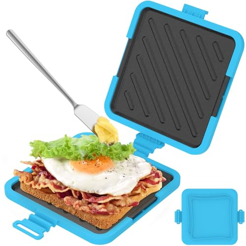 Microwave Toastie Sandwich Maker, Wireless Microwave Toastie Makers Non Stick Plate for Hot Dogs, Portable Microwaveable Cookware for Cooking Breakfast(Blue with Butter Knife)