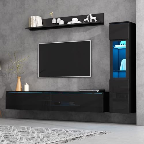 DACHETOU Juego de 3 muebles de salón para TV, pared frontal, color negro, 1 armario para TV, 1 vitrina para salón, 1 estante colgante