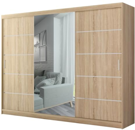 MEBLOHAND Kleiderschrank 245x196 cm mit Spiegel - Garderobenschrank mit Zwei Schiebetüren - Stabiler Schrank für Schlafzimmer, Ankleidezimmer Sonoma Eiche