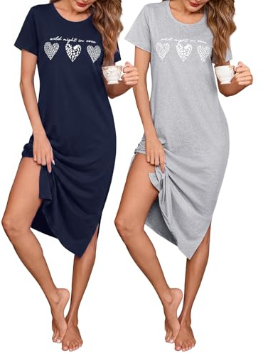 Jahetuul Pack de 2 Camisones Mujer de Algodón Manga Corta Cuello Redondo | Este pack de 2 camisones para mujer de algodón ofrece manga corta con cuello redondo y abertura lateral para dormir en casa