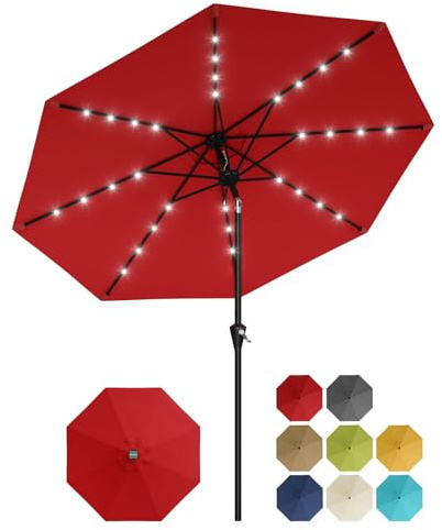 10FT Red Solar Patio Umbrella with 32 LED Lights - Outdoor Market Umbrella, UV Resistant, Waterproof, Crank Lift, Push Button Tilt, 8 Sturdy Ribs - Perfect for Garden, Pool, Deck, Table - Color: Euro