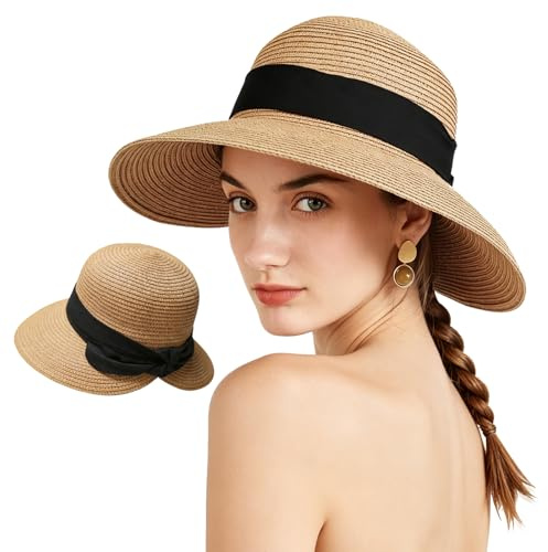 AYPOW Chapeau de Paille pour Femme Chapeau de Soleil Anti UV Protection Bob Femme Respirant Pliable Casquettes Visiere Eté pour Les Plage Voyages et Vacances Eté