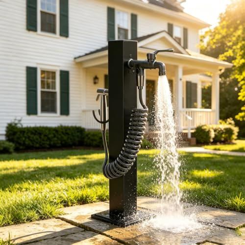 Columna de agua para jardín con pistola pulverizadora y grifo, columna de agua negra, 2 conexiones, grifo exterior a prueba de heladas con gancho, columna de acero inoxidable para terrazas y césped