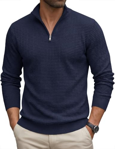Cavva Men's Jumpers Quarter Zip Knitted Textured Sweater Winter Pullover | Polyester blend knitted jumper, waffle textured fabric, quarter zip collar, long sleeve warm pullover for men
