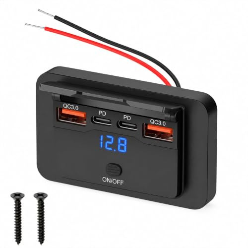 96W 12V USB Outlet Panel Wall Mount, Dual 36W PD TypeC & 18W QC 3.0 Port | Waterproof, Car Charger Socket with Switch & Voltage Display, for RV Boat Truck ATV Marine Automotive