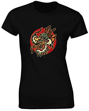 JLB Print Dragon Chinese Cool Novelty Premium Quality Fitted T-Shirt Top for Women and Teens - Black / 6-8