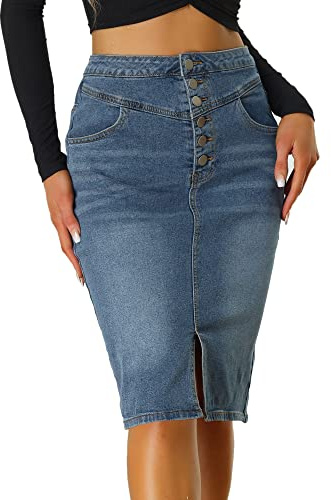 Allegra K Jupe en Jean Crayon Femmes Élastique Taille Haute Fendue sur Le Devant Coupe Slim Jupe Longueur au Genou Bleu M