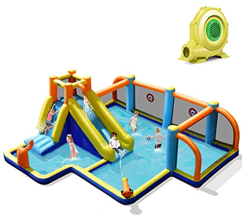 Maxmass Kids Water Park, Inflatable Bounce House with Splash Pool,Climbing Wall, Slide, Water Cannon, Soccer Zone, Outdoor Bouncy Castle Blow up House for 3-12 Years Old (5 in 1, with Blower)